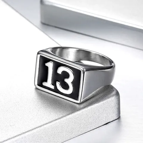 Lucky 13 Stainless Steel Signet Ring For Men Punk Gothic Biker Jewelry Black Enamel Rectangular Face