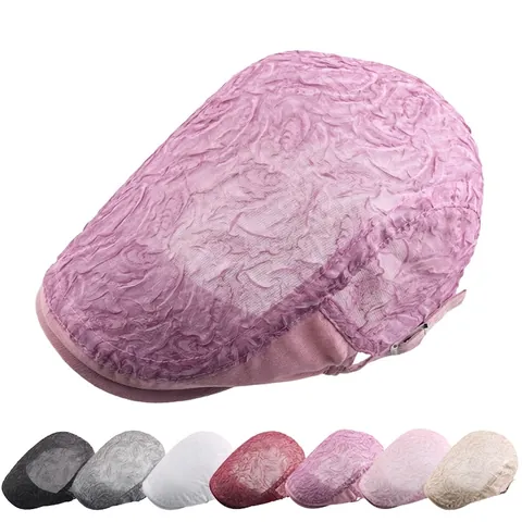 Gorra Plana Elegante De Algodón Para Mujer Encaje Gasa Relieve Transpirable Sombrero Sol Ajustable Vintage Ivy Cap Boina