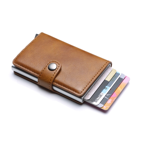 Business Slim RFID Blocking Card Holder Wallet Automatic Pop Up PU Leather Aluminum Anti Theft Credit Card Case Unisex