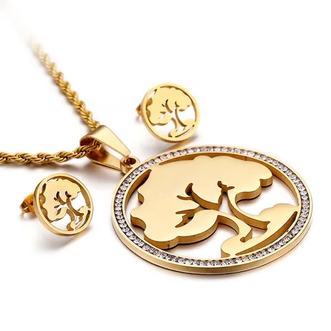 Joyas Collar Y Pendientes De Árbol De La Vida Para Mujer Acero Inoxidable Con Diamantes De Imitación Diseño Redondo Hueco Elegante