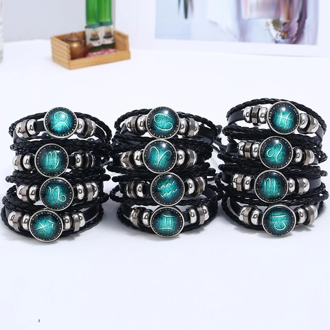 Bracciale Luminoso Dello Zodiaco In Pelle Di Vacchetta Intrecciata Multistrato Lega Vetro Gioielli Regolabili Unisex