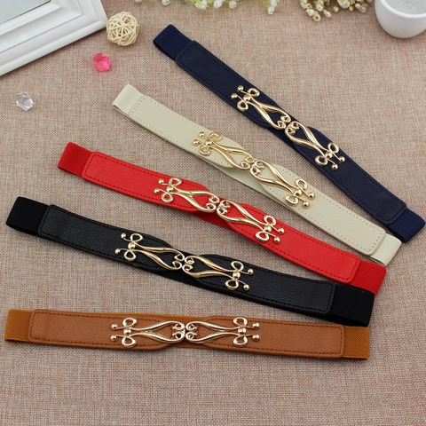 Women Fashion Elastic Waist Belt PU Leather Skinny Cinch Interlock Buckle Vintage Floral Hollow For Dress