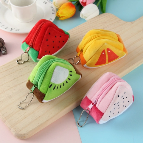 Schattige Fruit Pluche Munttas Mini Portemonnee Sleutelhanger Ritssluiting Watermeloen Sinaasappel Drakenvrucht Kiwi