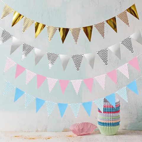 Banner Triangolare Con Motivo A Onde Lettere Happy Birthday Cartone Metallizzato Decorazione Per Feste Celebrazione Bandierine