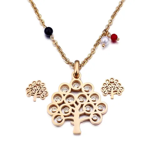 Collar Y Pendientes Árbol De La Vida Acero Inoxidable Chapado En Oro Rhinestone Hueco Cuentas Coloridas Moda Navidad Regalo Mujeres
