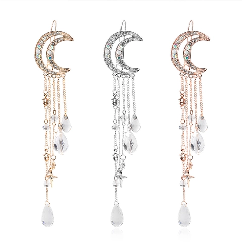 Strass Sichelmond Haarklammer Legierung Stern Quaste Dangle Kristall Träne Anhänger Haar Accessoire Für Damen