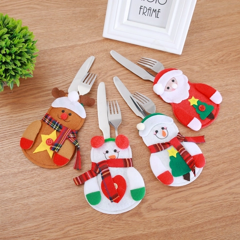 Porte Couverts De Noël Feutre Tissu Père Noël Bonhomme De Neige Renne Pochette Argenterie Décoration Table Fête