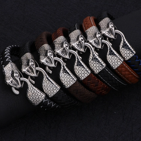 Bracciale Da Uomo In Pelle Intrecciata Con Fibbia A Testa Di Serpente In Acciaio Inossidabile Gioielli Punk