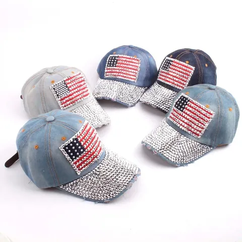 Berretto Da Baseball In Denim Con Strass Motivo Bandiera Americana Cotone Cappello Da Sole Regolabile Per Uomo Donna