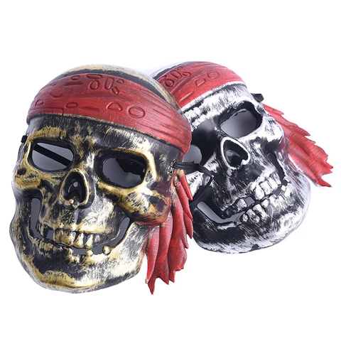 Piraten Schädel Maske Kunststoff Vintage Skelett Halloween Cosplay Maskerade Requisiten Mit Rote Kopftuch Für Bar Party