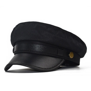 Newsboy Cap Women Retro Sailor Hat Cotton Fabric PU Leather Brim Flat Top Octagonal British Style Metal Button Accessory