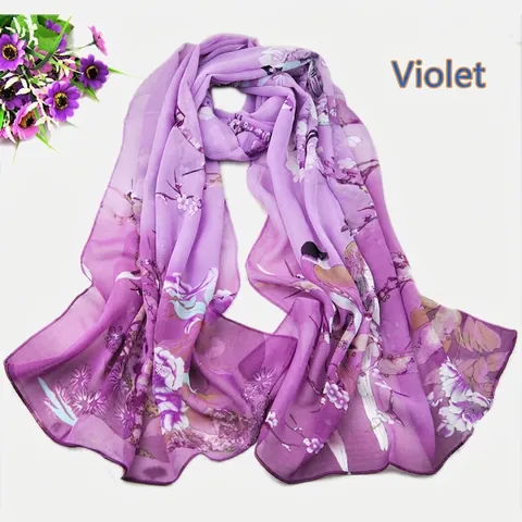 Sciarpa In Chiffon Da Donna Stile Cinese Stampa Fiori Uccelli Leggera Trasparente Traspirante Scialle