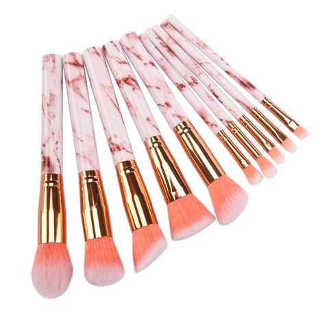 10 Pcs Marble Makeup Brush Set Professional Synthetic Bristles Rose Gold Ferrule Powder Foundation Eyeshadow Blending Brushes With Bag