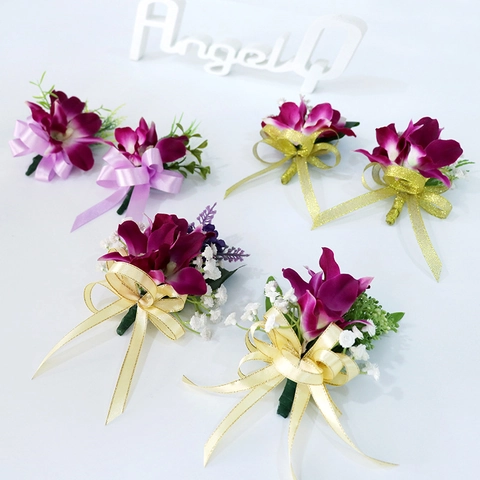 Artificial Satin Orchid Boutonniere Simulation Wedding Flower Groom Corsage With Ribbon For Party Business Ceremony