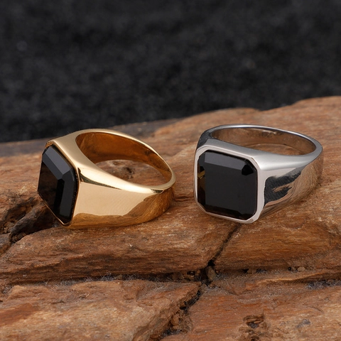 Anillo De Sello Para Hombre Acero Inoxidable Piedra Negra Cuadrada Estilo Industrial Punk Retro Joyería Oro Plata