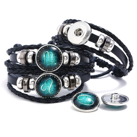 Bracciale Luminoso Dello Zodiaco In Pelle Di Vacchetta Intrecciata Multistrato Lega Vetro Gioielli Regolabili Unisex