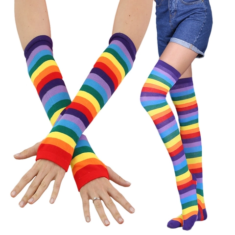 Rainbow Striped Over Knee Thigh High Socks And Fingerless Long Arm Warmer Gloves Knitted Cotton Cosplay Party