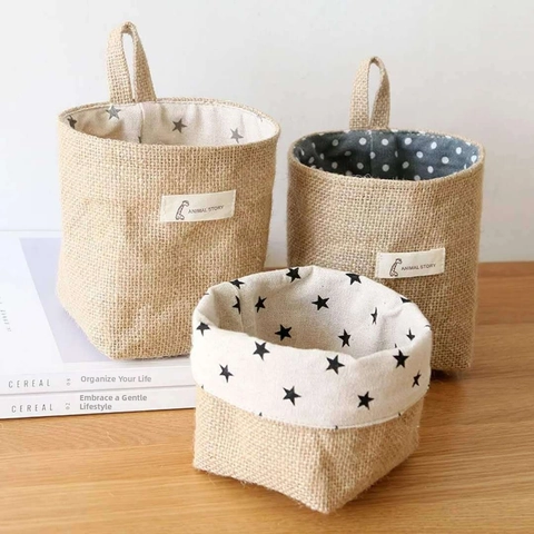 Hanging Storage Bag Small Jute Hemp Basket With Cotton Linen Lining For Wall Door Mounted Organizer Nordic Style