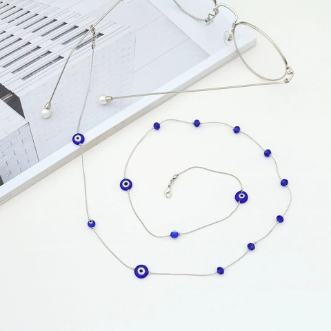 Catenella Per Occhiali Perle Occhio Di Allah Metallo Antiscivolo Cordino Occhiali Blu Bianco Fatto A Mano Retro Moda Supporto