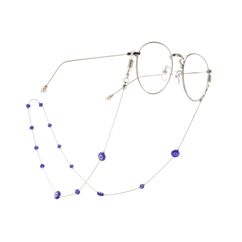 Catenella Per Occhiali Perle Occhio Di Allah Metallo Antiscivolo Cordino Occhiali Blu Bianco Fatto A Mano Retro Moda Supporto