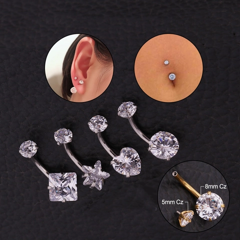 Joyería Para Piercing Corporal De Acero Inoxidable 316L Zirconia Cúbica Corazón Estrella Redondo Cuadrado Anillos De Ombligo
