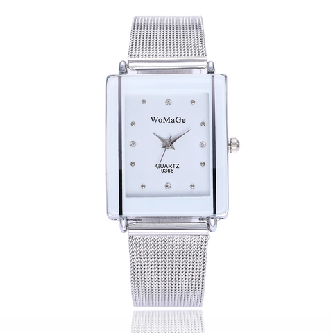 Orologio Al Quarzo Rettangolare Moda Minimalista Donne Cinturino In Maglia Acciaio Inossidabile Argento Quadrante Strass