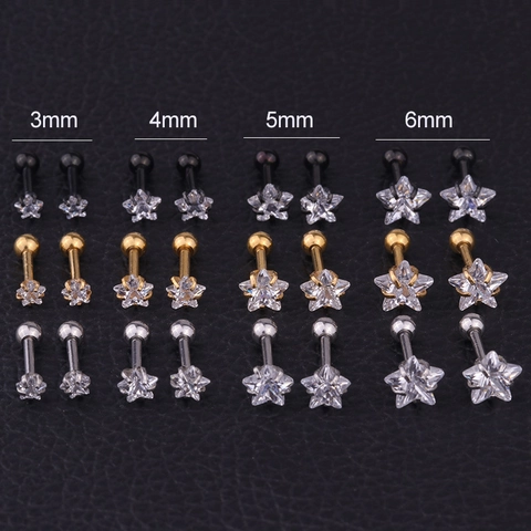 Star Cartilage Stud Earrings Stainless Steel Zircon Tragus Piercing Jewelry Screw Ball Back Punk Style For Women Men