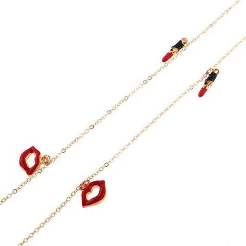 Glasses Chain Gold Metal Alloy Red Lips Lipstick Charms Anti-Slip Eyewear Strap Decorative Fashion Accessory For Women