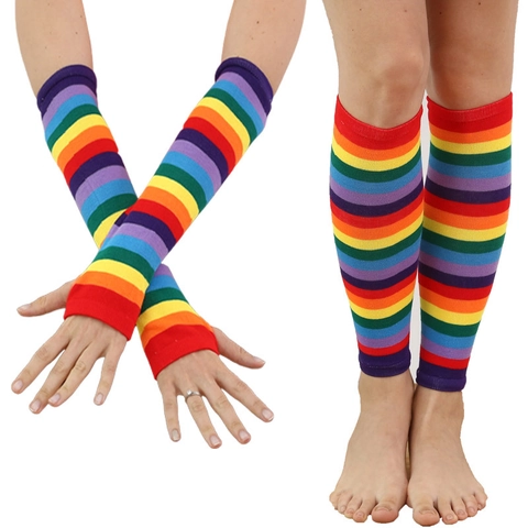 Scaldabraccia E Scaldamuscoli In Maglia A Righe Arcobaleno Guanti Senza Dita Con Foro Per Pollice Per Cosplay Scena