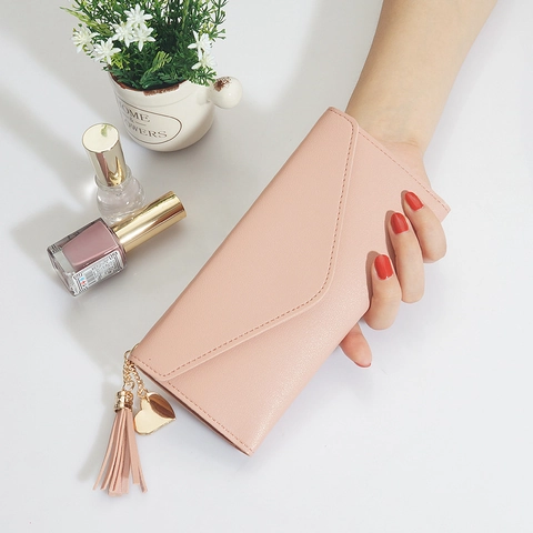 Women's Long Wallet PU Leather Envelope Flap Purse Heart Pendant Tassel Decor Multi Card Slots Fashion Clutch Handbag
