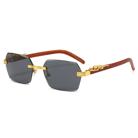 Gafas De Sol Sin Montura Cuadrada Pequeña Borde Corte Lente Degradada Metal Textura Madera Patilla Lujo Leopardo Unisex