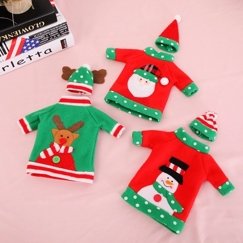 Christmas Wine Bottle Cover Knitted Mini Sweater Hat Decor Santa Claus Snowman Reindeer Pattern Table Decoration Party