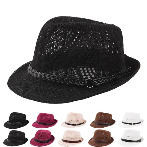 Fedora Panama Hut Gestricktes Netz Baumwolle Polyester Hohl Atmungsaktiv Breite Krempe Ledergürtel Schnalle Sommer