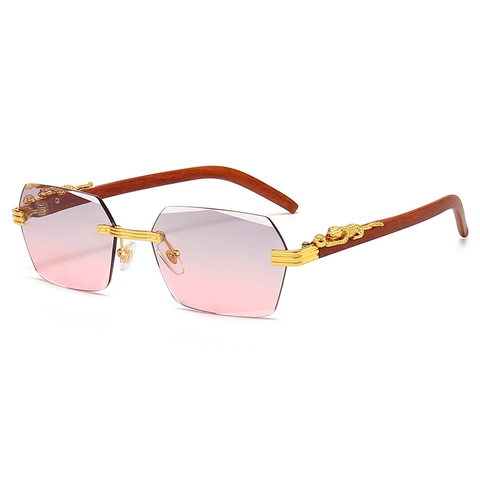 Gafas De Sol Sin Montura Cuadrada Pequeña Borde Corte Lente Degradada Metal Textura Madera Patilla Lujo Leopardo Unisex