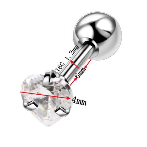 Heart Zirconia Stud Earrings Stainless Steel Piercing Jewelry For Tragus Cartilage Helix Barbell Screw Hypoallergenic