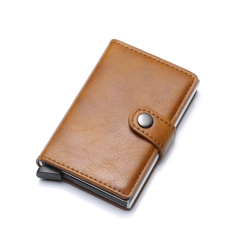Business Slim RFID Blocking Card Holder Wallet Automatic Pop Up PU Leather Aluminum Anti Theft Credit Card Case Unisex