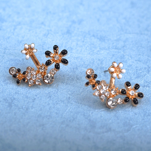 Eleganti Orecchini Ear Jacket a Forma di Fiore in Stile Coreano per Donna Orecchini a Bottone in Lega con Smalto e Strass