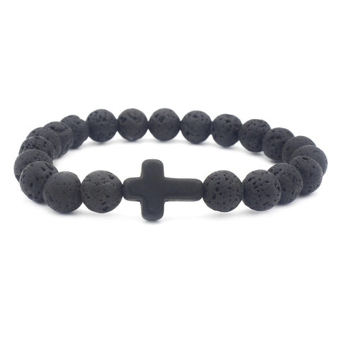 Bracciale a Perline con Croce in Pietra Lavica Retro Croce in Turchese Sintetico Colorato Bracciale Elastico Yoga Gioielli