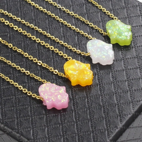Hamsa Hand Anhänger Halskette Gold Edelstahl Kette Synthetischer Opal Harz Fatima Hand Schutz Schmuck Für Frauen