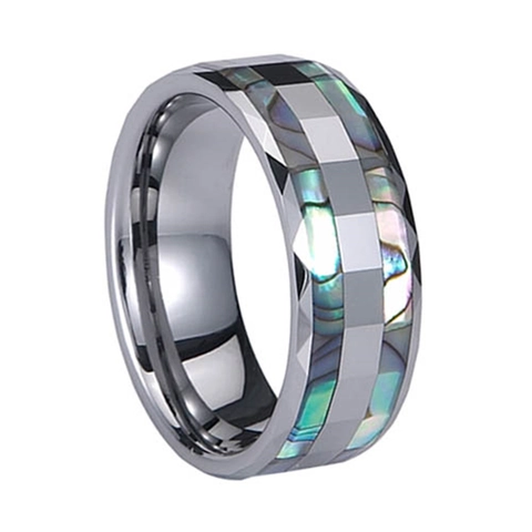 Anello Da Uomo In Acciaio Al Tungsteno Sfaccettato Con Intarsio In Conchiglia Di Abulone Colorata Gioielli Moda