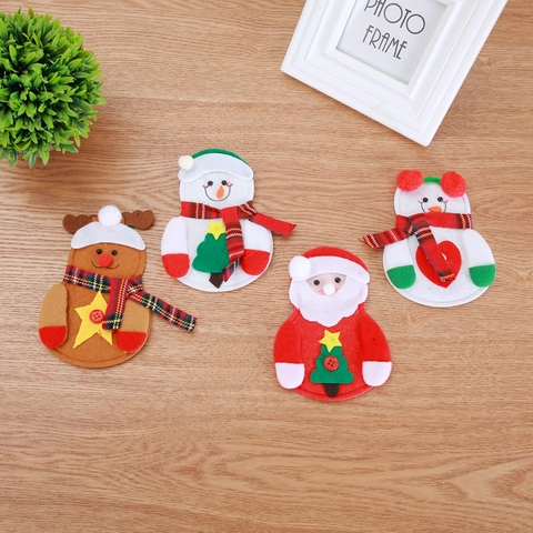Porte Couverts De Noël Feutre Tissu Père Noël Bonhomme De Neige Renne Pochette Argenterie Décoration Table Fête