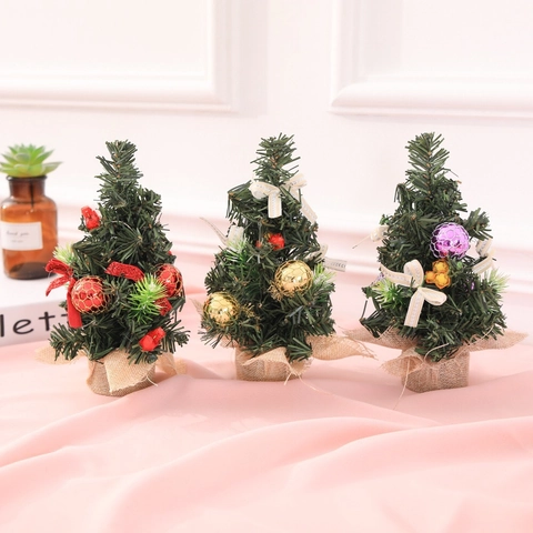 Mini Desktop Christmas Tree Artificial PVC Green Pine with Festive Bows Ornaments Linen Base Home Office Table Decoration