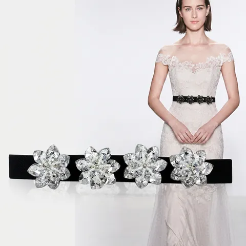 Cintura Elastica Da Donna Con Fiori In Cristallo Di Vetro E Strass Sottile Elastica Per Abiti Fibbia Elegante In Lega