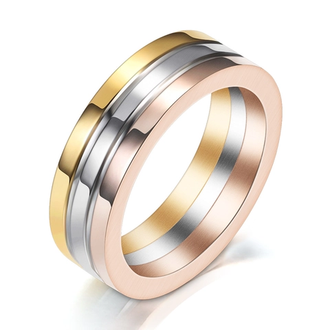 Bague Tricolore en Acier Inoxydable Minimaliste pour Hommes Femmes Bijoux de Mode Brossé Poli Or Argent Rose Gold