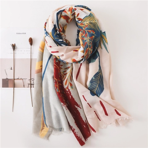 Women's Tropical Plant Leaves Printed Polyester Scarf Bohemian Resort Style Large Shawl Fringe Sun Protection Beach Wrap