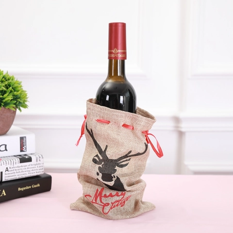 Linen Christmas Wine Bottle Cover With Reindeer Pattern Merry Christmas Print Burlap Drawstring Gift Bag For Table Decor