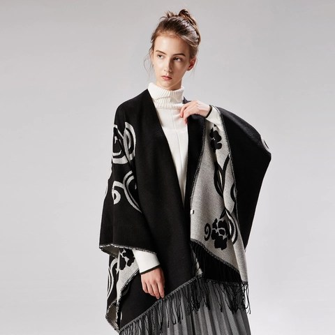 Damen Imitation Kaschmir Poncho Schal Verdickter Warmer Geometrischer Blumen Quasten Umhang Böhmischer Retro Winter