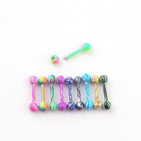Colorful Marbled Barbell Piercing Studs Stainless Steel Rod Acrylic Patterned Ball Helix Cartilage Earrings