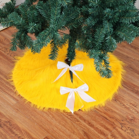 Falda Dorada Para Árbol De Navidad De Felpa Larga Con Lazos De Satén Blanco Para Decoración Festiva