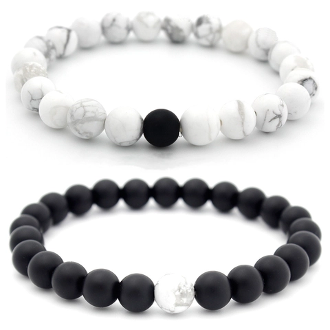 Natuurlijk Wit Turkoois Mat Zwart Steen Ronde Kralen Elastische Armbanden Paar Afstand Relatie Handgemaakte Sieraden